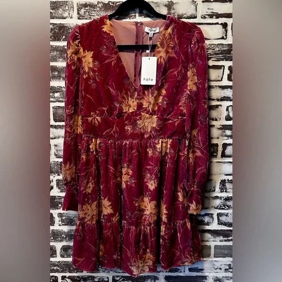Fate Mauve Floral Burnout Velvet Ruffle Mini Dress Size Small - Picture 1 of 9